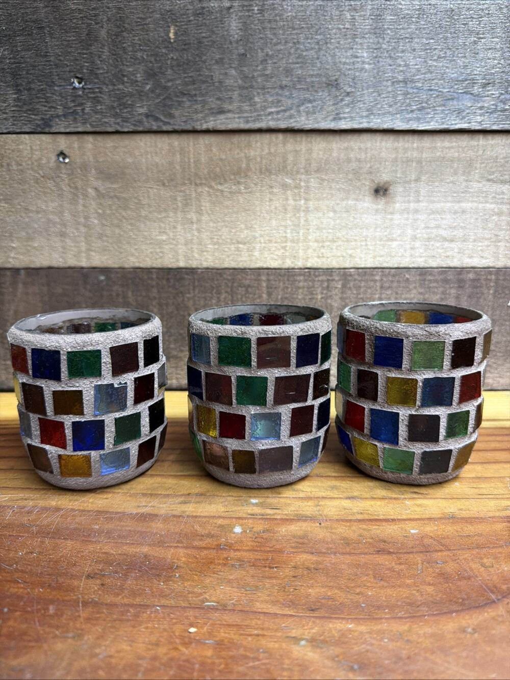 Vintage Mosaic Stained Glass Votive Holders Set Of 3